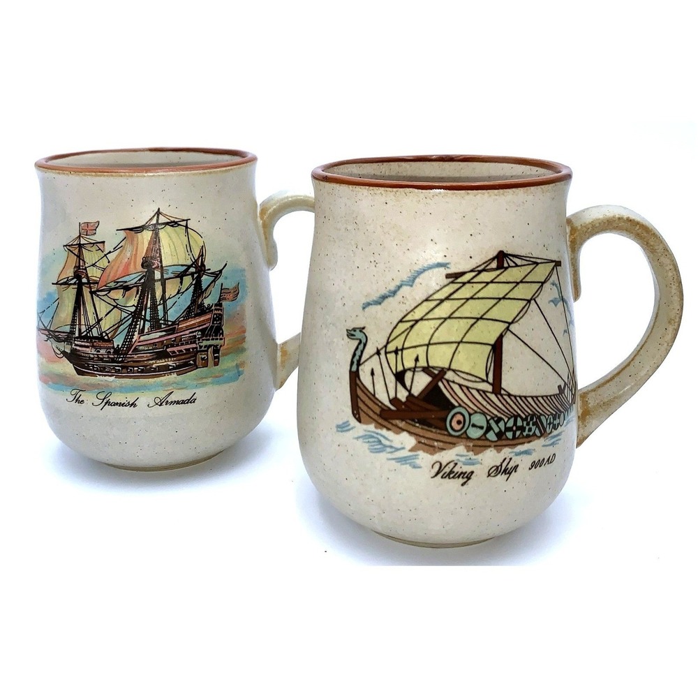 2 Antique Sailing Ship Mugs Viking, Spanish Armada - Vtg Northcraft Pear Bottoms